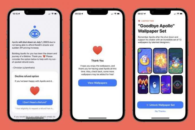 Tri iPhony vedľa seba zobrazujú aplikáciu Apollo pre Reddit. Na obrazovke sú správy umožňujúce používateľom odmietnuť vrátenie platby za predplatné, správa s poďakovaním a sada špeciálnych tapiet.