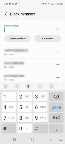 Blokkeer nummers en apps-instelling in Berichten op Samsung, met de opties voor gesprekken en contacten.