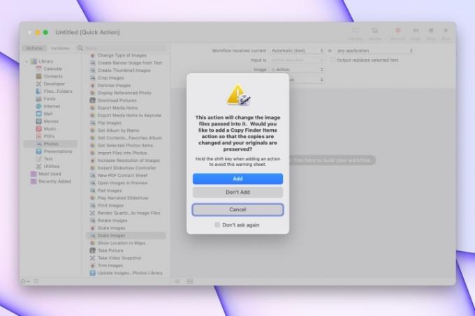 So verwenden Sie die Eingabeaufforderung zum Kopieren von Schnellaktionen im Mac Automator