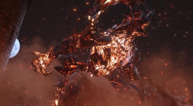 Ifrit rjove v Final Fantasy 16, obdan z ognjem.