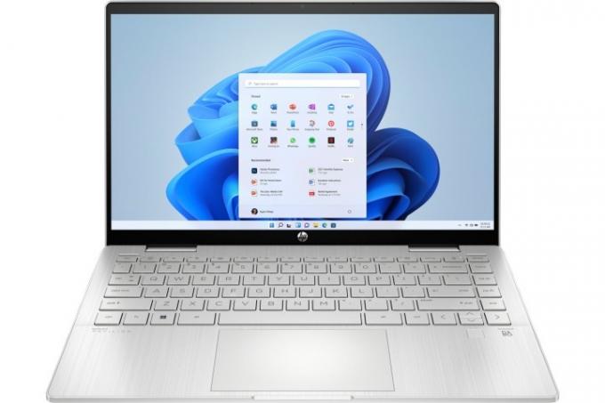 HP Pavilion x360 14 μπροστινή όψη που δείχνει την οθόνη και το πληκτρολόγιο.