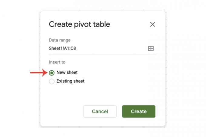 Kiezen waar u een draaitabel in Google Spreadsheets wilt invoegen.