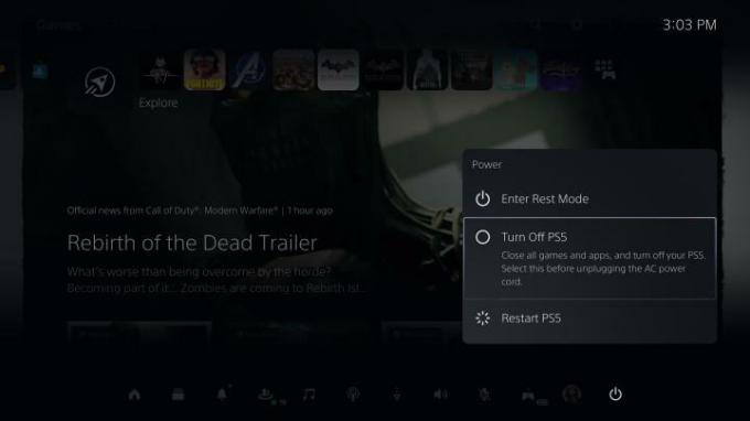 Kontrollcenter med strömalternativ på PS5.