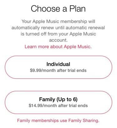 Варианты подписки на Apple Music.