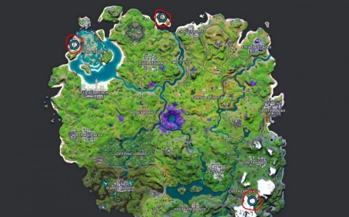 Mapa Coral Cove, Base Camp Golf a Unremarkable Shack ve Fortnite.