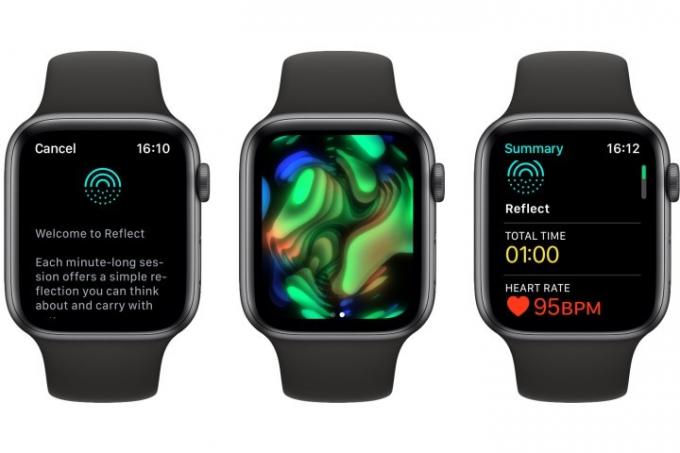 Três Apple Watches mostrando o aplicativo de atenção plena.