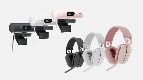 黒、白、ピンクの Brio 500 ウェブカメラ 3 台と、同じ色の Zone Vibe ヘッドフォン 3 台
