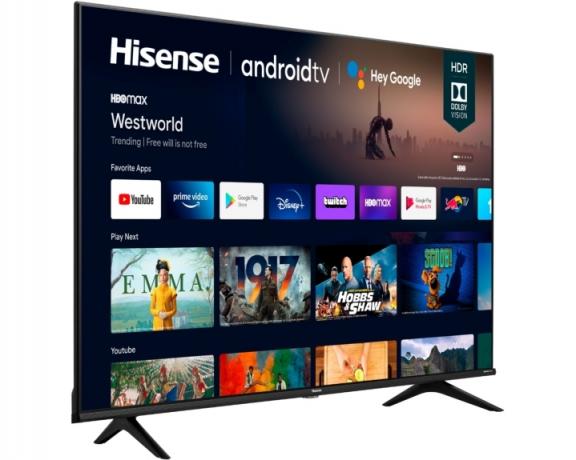 白い背景にハイセンス 75 インチ クラス A6G シリーズ LED 4K UHD スマート Android TV。