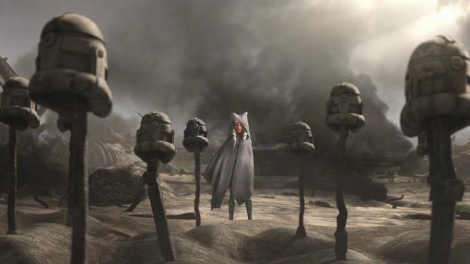 Ahsoka, Klon Savaşları serisinin finalinde şehit arkadaşları ve yoldaşlarının mezarlarının önünde duruyor.