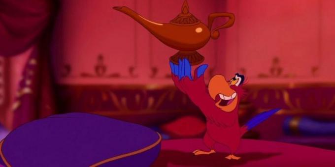 Iago ține lampa magică din Aladdinul Disney