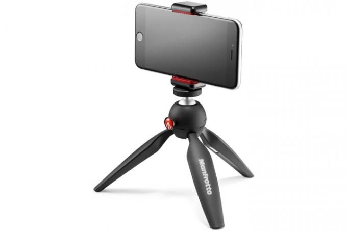 Kit mini treppiede Manfrotto PIXI con morsetto universale per smartphone.