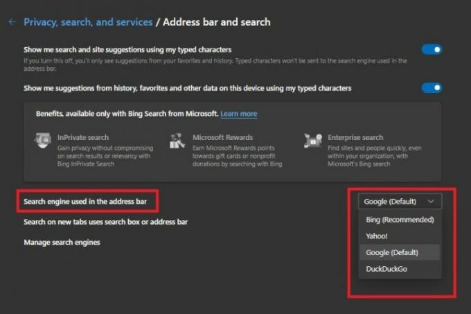 Microsoft Edge -hakukoneen asetusten kuvakaappaus