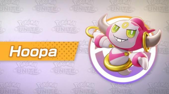 Hoopa fra Pokémon Unite på en stiliseret baggrund.