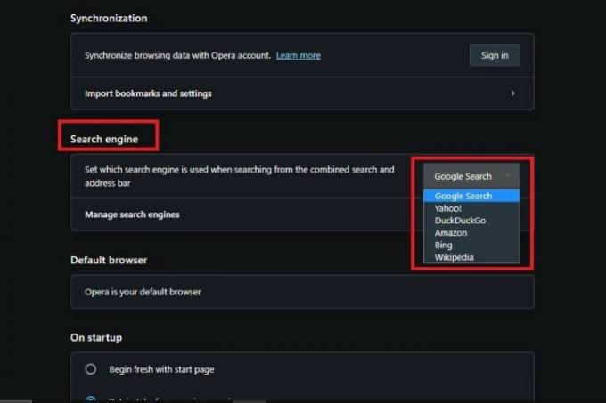 Schermafbeelding van Opera-zoekmachine-instellingen