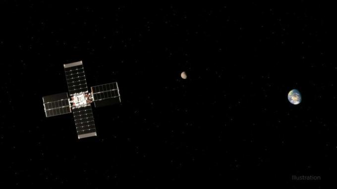 Den här illustrationen visar NASA: s Lunar Flashlight som utför en banakorrigeringsmanöver med månen och jorden i bakgrunden. Drivs av den lilla satellitens fyra dragkrafter, manövern behövs för att nå månens omloppsbana.