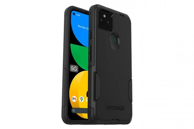 Otterbox Commuter Series Rugged Case untuk Pixel 5a berwarna hitam, memperlihatkan pelindung kokoh di bagian depan dan belakang.