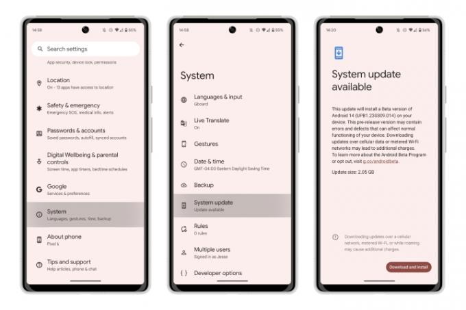 Trei telefoane Pixel 6 care arată opțiuni pentru a instala Android 14 beta prin aer.
