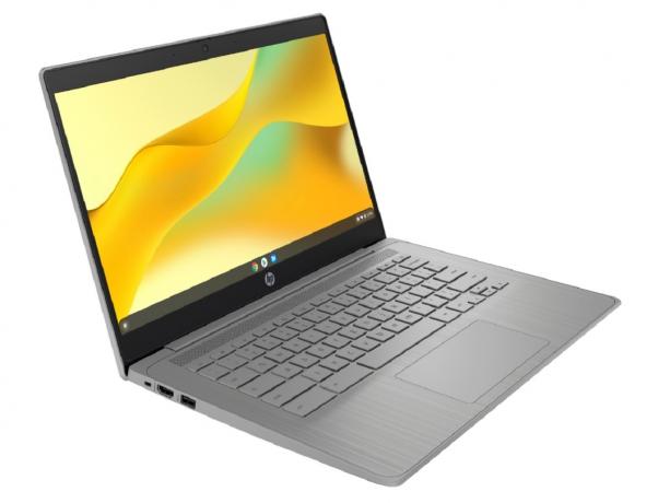 HP Chromebook 14a ที่มีวอลเปเปอร์สีเหลืองและสีเขียว