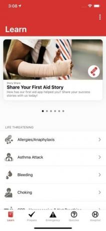 応急処置ストーリーの共有を示す応急処置アプリのスクリーンショット