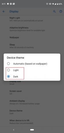 Paramètres de Google Pixel 3, thème de périphérique clair et sombre