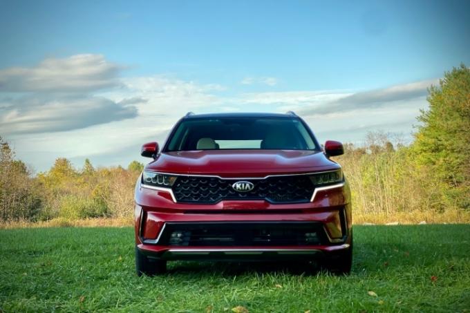 Close-up van de voorkant van de Kia Sorento Hybrid uit 2021 in een grasveld. 