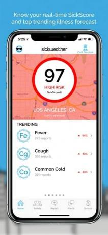 SickScore を表示するリアルタイム Sick Weather アプリのスクリーンショット