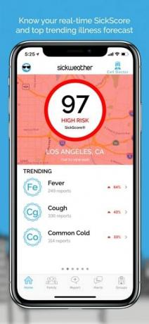 Képernyőkép a valós idejű Sick Weather alkalmazásról, amelyen a SickScore látható