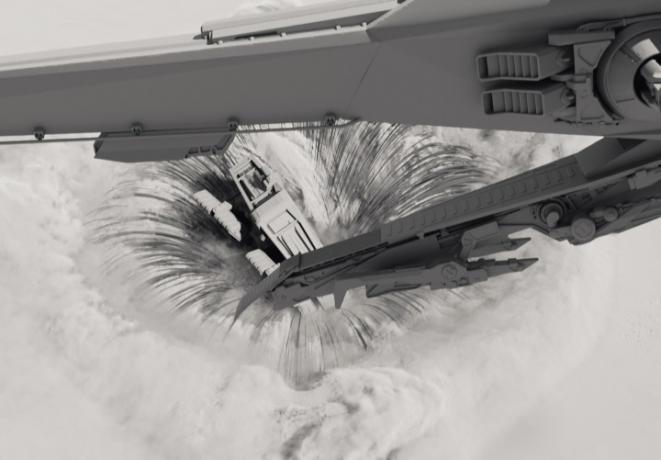 En svart-vit VFX-bild från Dune med ett skepp i förgrunden och mask i bakgrunden.