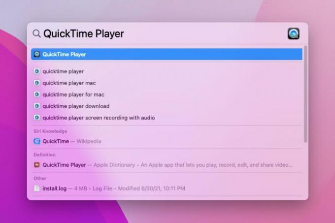 QuickTime Player の結果を表示する MacOS の Spotlight ウィンドウ。