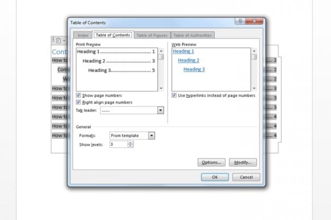 Okno Custom Table of Contents v aplikaci Microsoft Word používané k přizpůsobení tabulky.