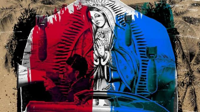Ilustrácie muža hovoriaceho do megafónu a Panny z Guadalupe na niečím chrbte na plagáte k dokumentu Americký Homeboy.