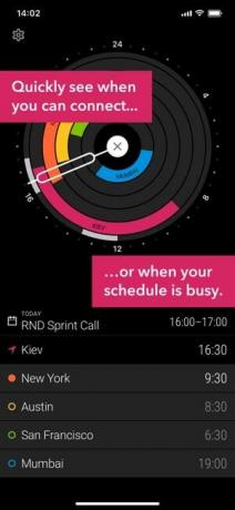 Zrzut ekranu aplikacji Circa z tekstem „Szybko zobacz, kiedy możesz się połączyć…” lub gdy Twój harmonogram jest napięty