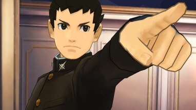 The Great Ace Attorney Chronicles'da bir karakter parmağını işaret ediyor.