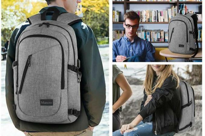 Mancro Laptop-ryggsäck med laddningsport i ett collage med tre bilder med olika vyer av ryggsäcken.