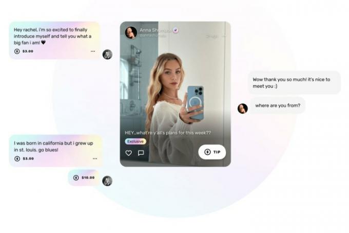 Slika objave Fanfix, ki prikazuje žensko, ki posname zrcalni selfi z različnimi neposrednimi sporočili, ki lebdijo okoli nje.