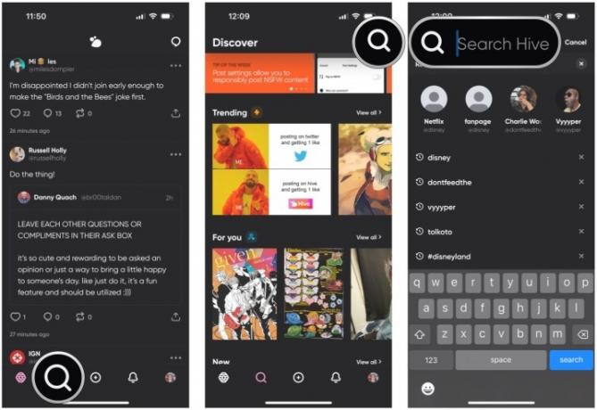 ค้นหาบน Hive Social โดยไปที่แท็บ Discover เลือกแว่นขยาย พิมพ์คำค้นหาของคุณ