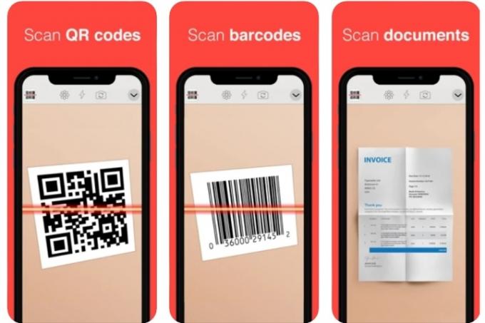 QR Reader для iPhone, показывающий QR-код, штрих-код и сканирование документов.