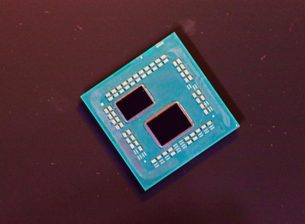 O chip AMD Ryzen 7 5800X3D em um fundo escuro.