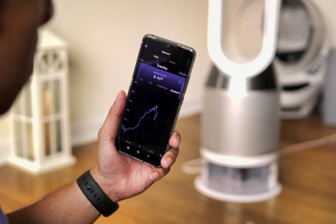 Oseba drži telefon, ki prikazuje podatke o kakovosti zraka pred napravo Dyson Pure Humidify Cool.