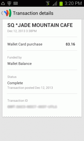 Detalhes da transação de impressões da Google Wallet