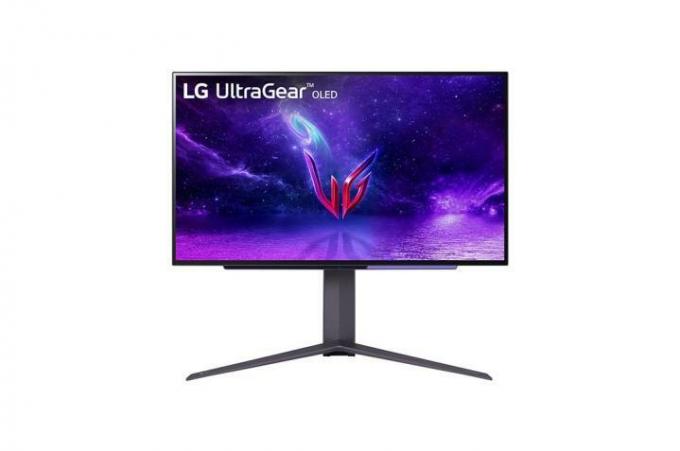 LG 27GR95QE წინა ხედი თეთრ ფონზე.