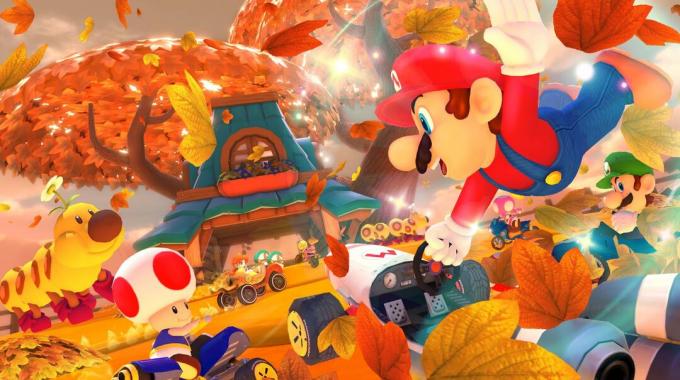 Mario en zijn vrienden racen door een racecircuit in Mario Kart 8.