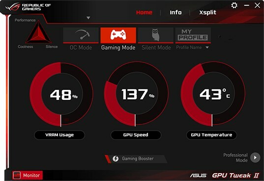 Asus GPU Tweak II pokazujący informacje o trybie gry.