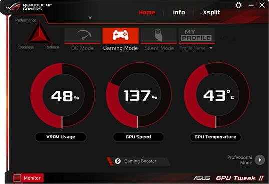 Asus GPU Tweak II viser oplysninger om spiltilstand.