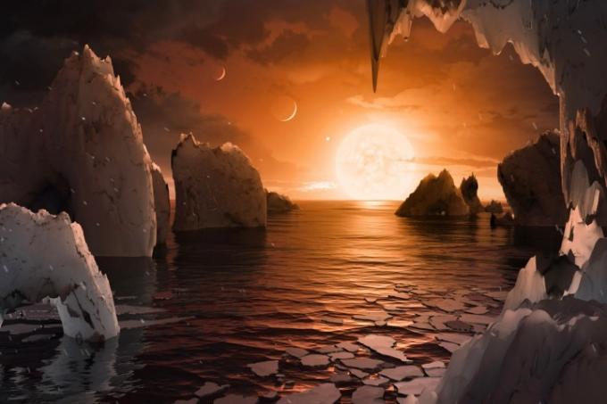Sanatçının, TRAPPIST-1 sisteminde yer alan ötegezegen TRAPPIST-1f'nin yüzeyi konsepti.