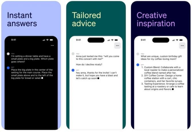 Tre forskjellige skjermer fra den offisielle iOS-appen.
