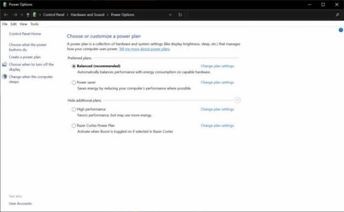 Power plan alternativ i Windows.