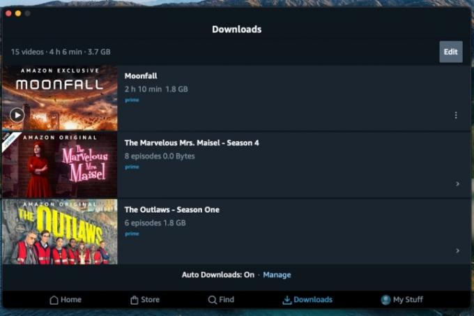 „Amazon Prime Video Mac“ darbalaukio programa, kurioje rodomas aplankas „Atsisiuntimai“.