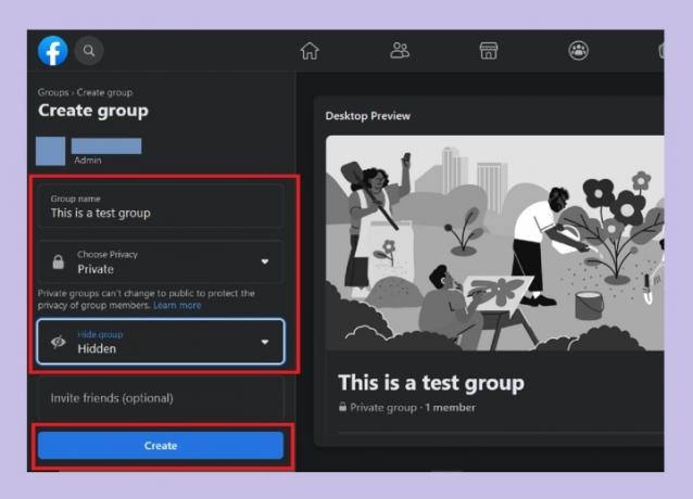 La pantalla Crear grupo en Facebook para escritorio web.
