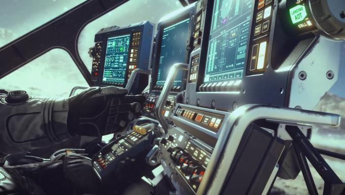 Cockpit i romskip fra Starfield.